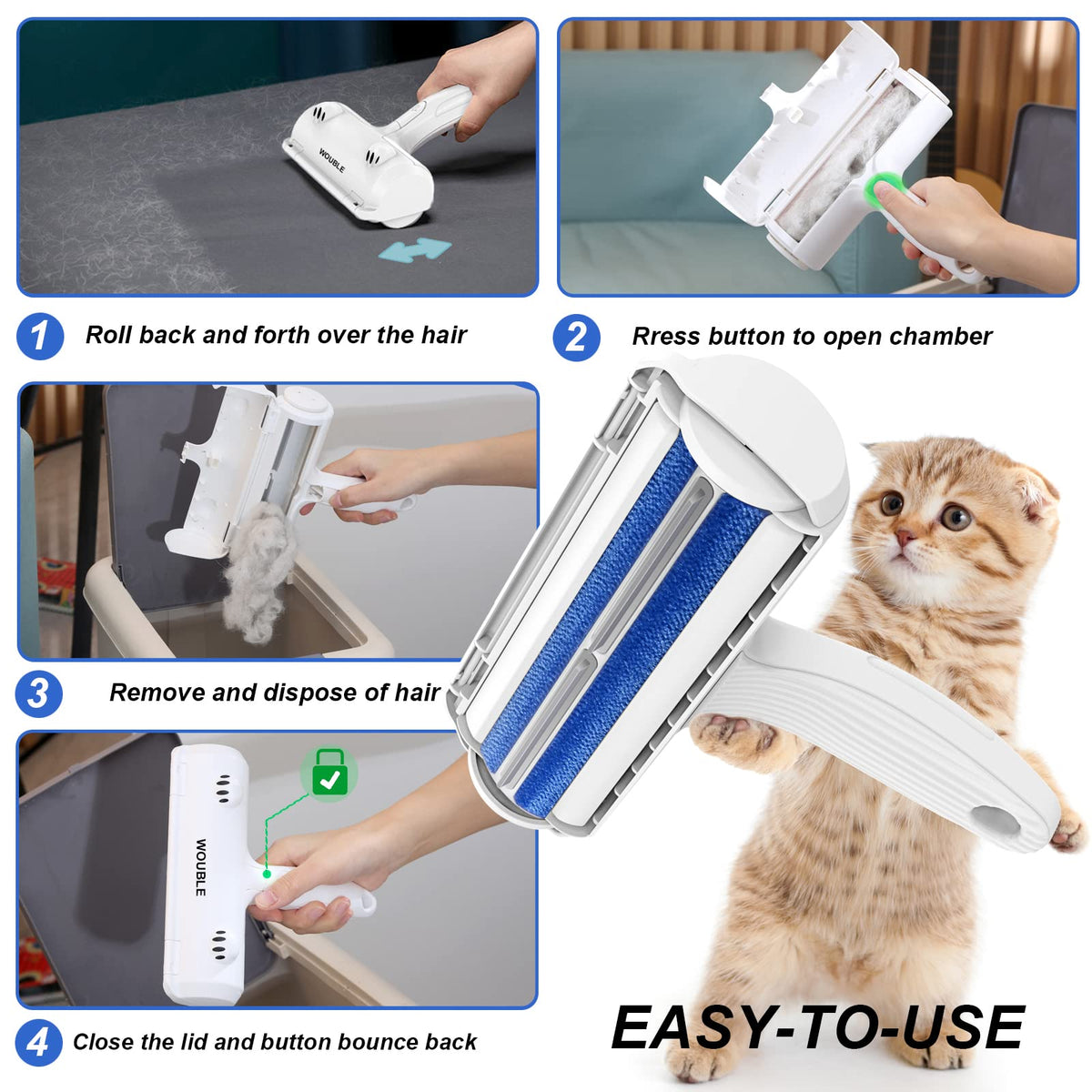 Wouble Reusable Pet Hair Remover Roller — White