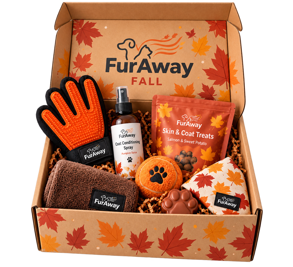 FurAway Fall seasonal box and its grooming and coat-care products